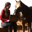 Girl with laptop computer and horse
